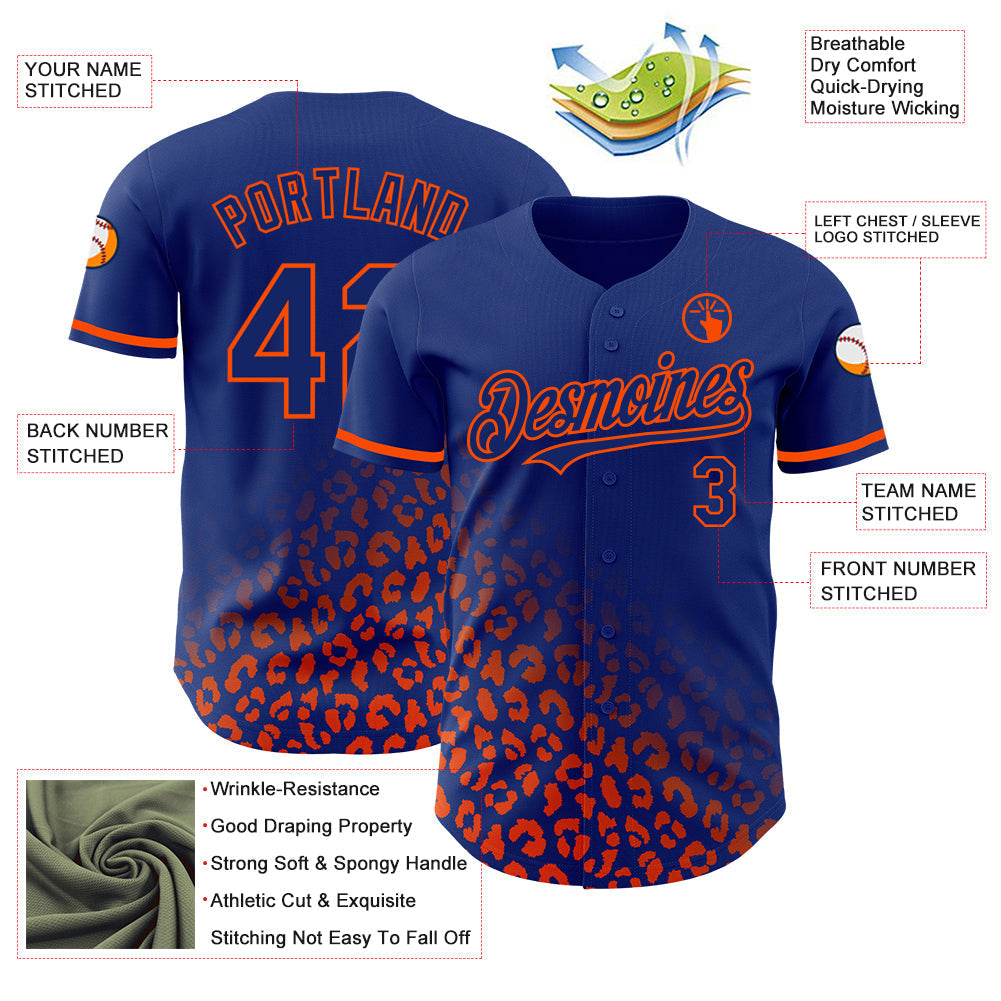 Custom Royal Orange 3D Pattern Design Leopard Print Fade Fashion Authentic Baseball Jersey baseball jersey product view 3