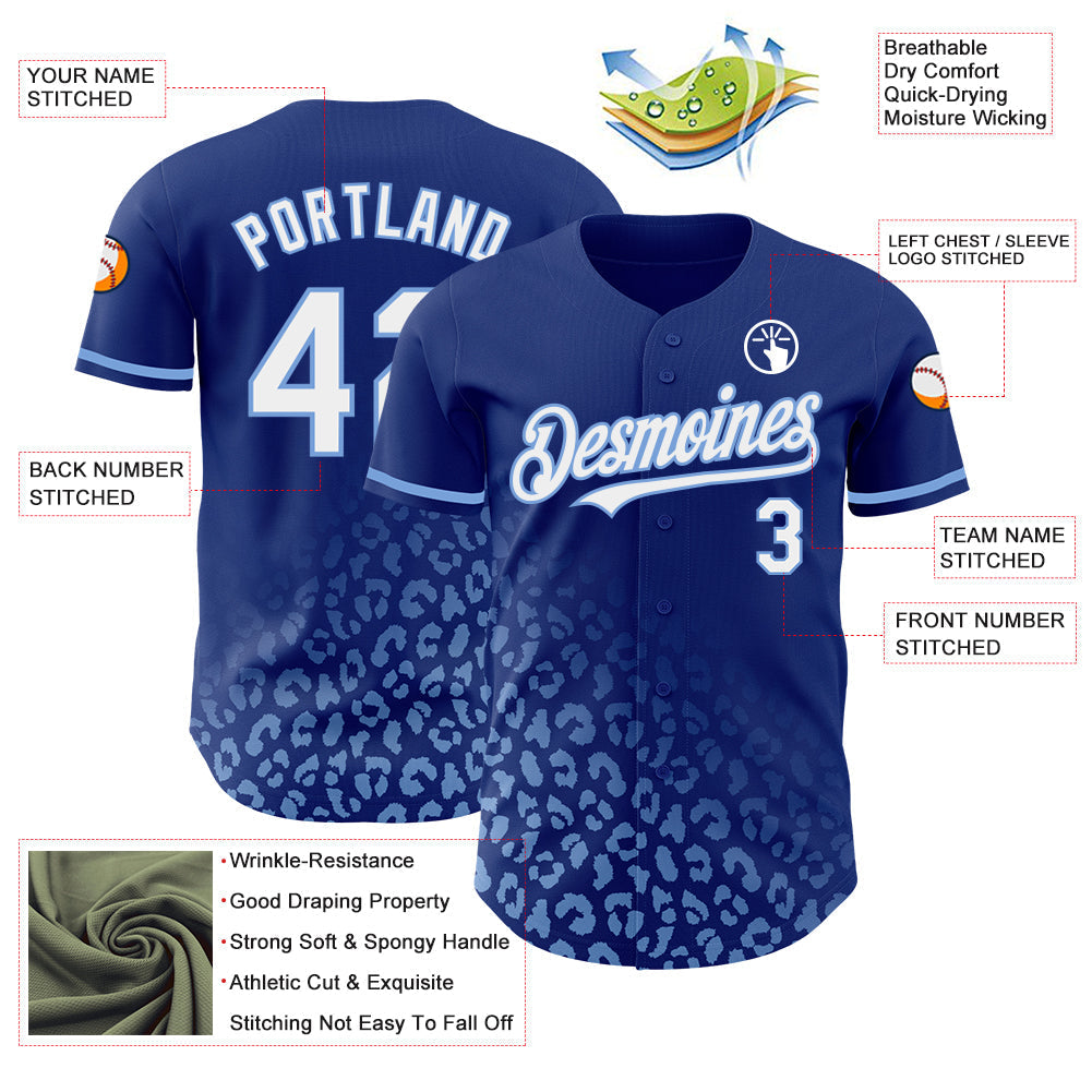 Custom Royal White-Light Blue 3D Pattern Design Leopard Print Fade Fashion Authentic Baseball Jersey baseball jersey product view 3