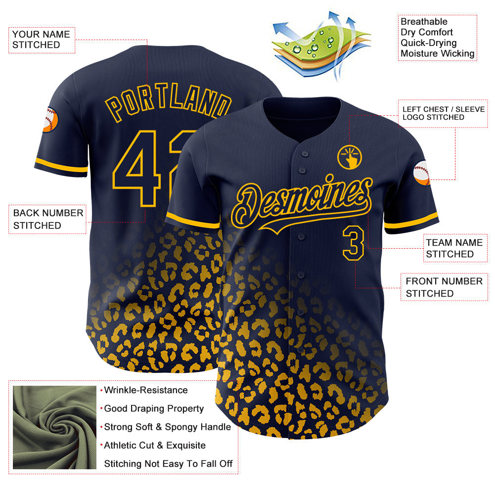 Custom Navy Gold 3D Pattern Design Leopard Print Fade Fashion Authentic Baseball Jersey baseball jersey product view 3