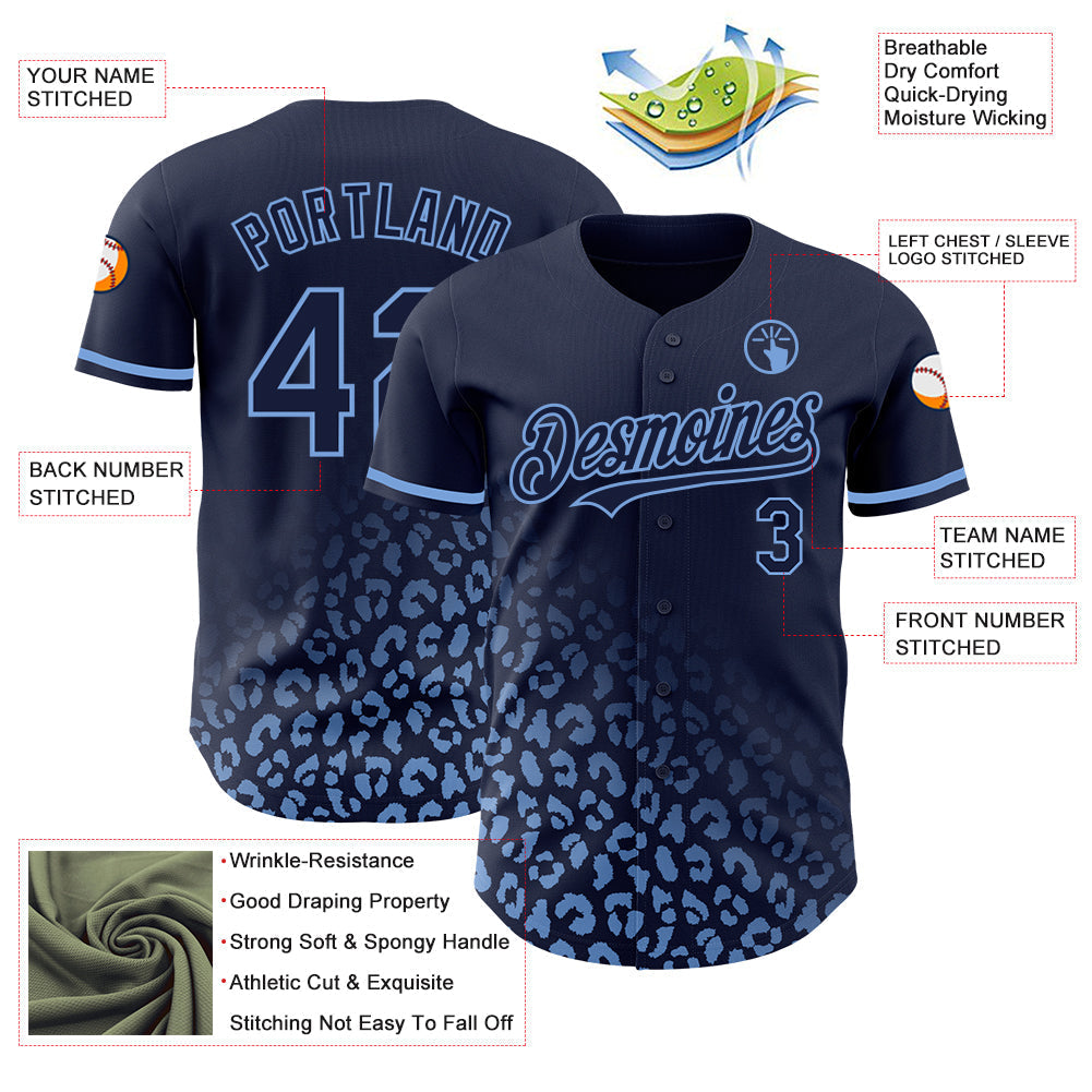 Custom Navy Light Blue 3D Pattern Design Leopard Print Fade Fashion Authentic Baseball Jersey baseball jersey product view 3