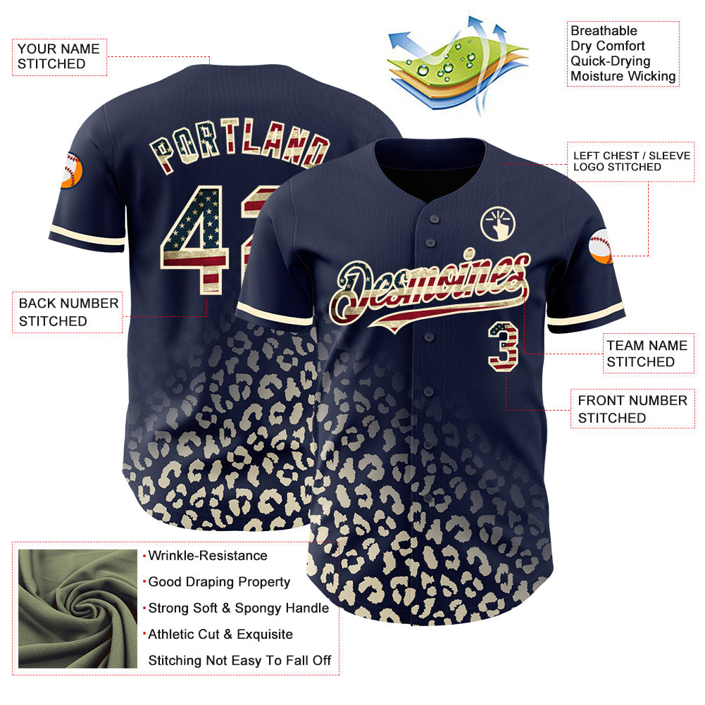 Custom Navy Vintage USA Flag-Cream 3D Pattern Design Leopard Print Fade Fashion Authentic Baseball Jersey baseball jersey product view 3