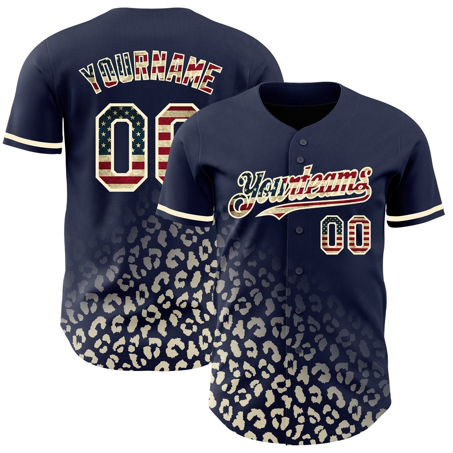 Custom Navy Vintage USA Flag-Cream 3D Pattern Design Leopard Print Fade Fashion Authentic Baseball Jersey baseball jersey product view 1