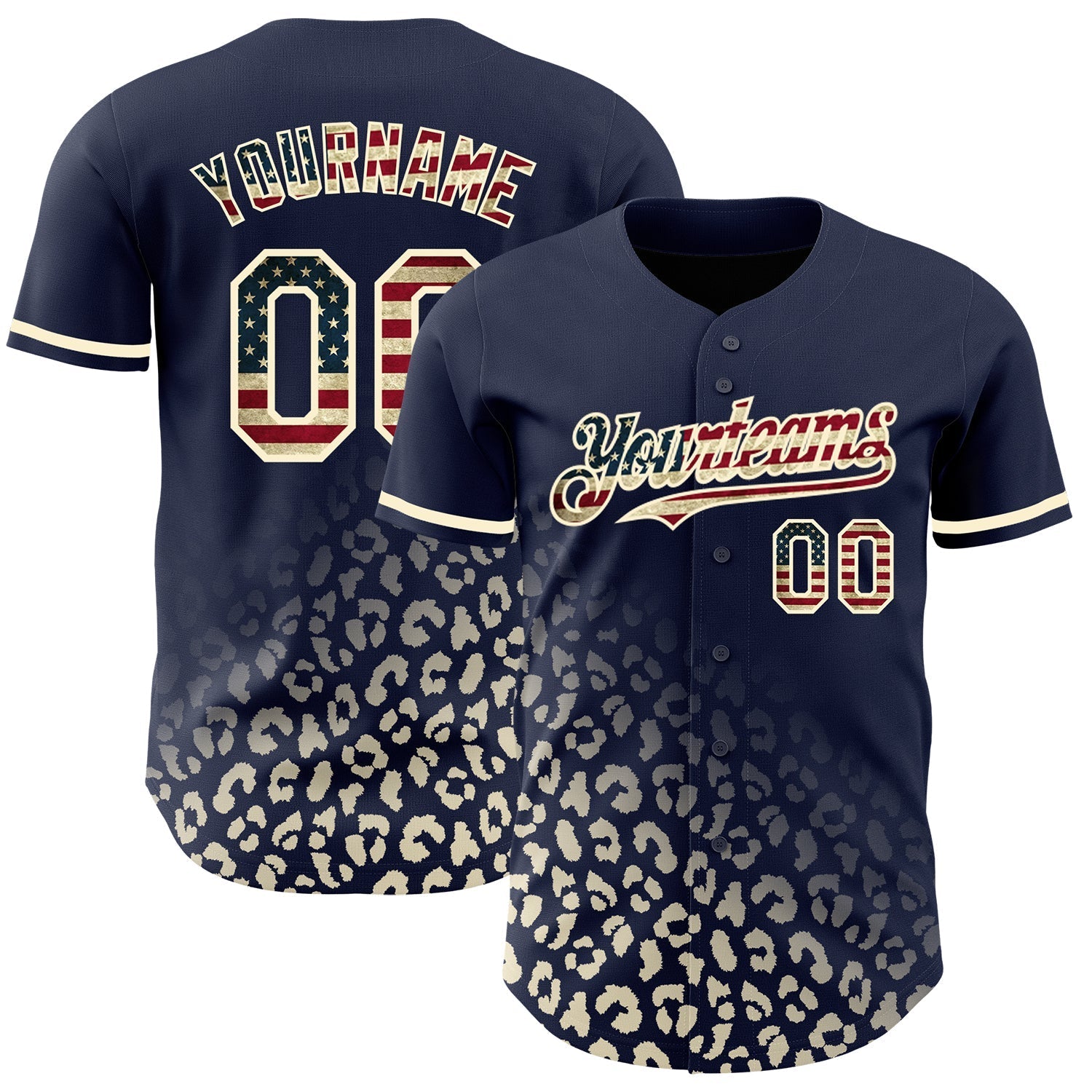 Custom Navy Vintage USA Flag-Cream 3D Pattern Design Leopard Print Fade Fashion Authentic Baseball Jersey baseball jersey product view 1