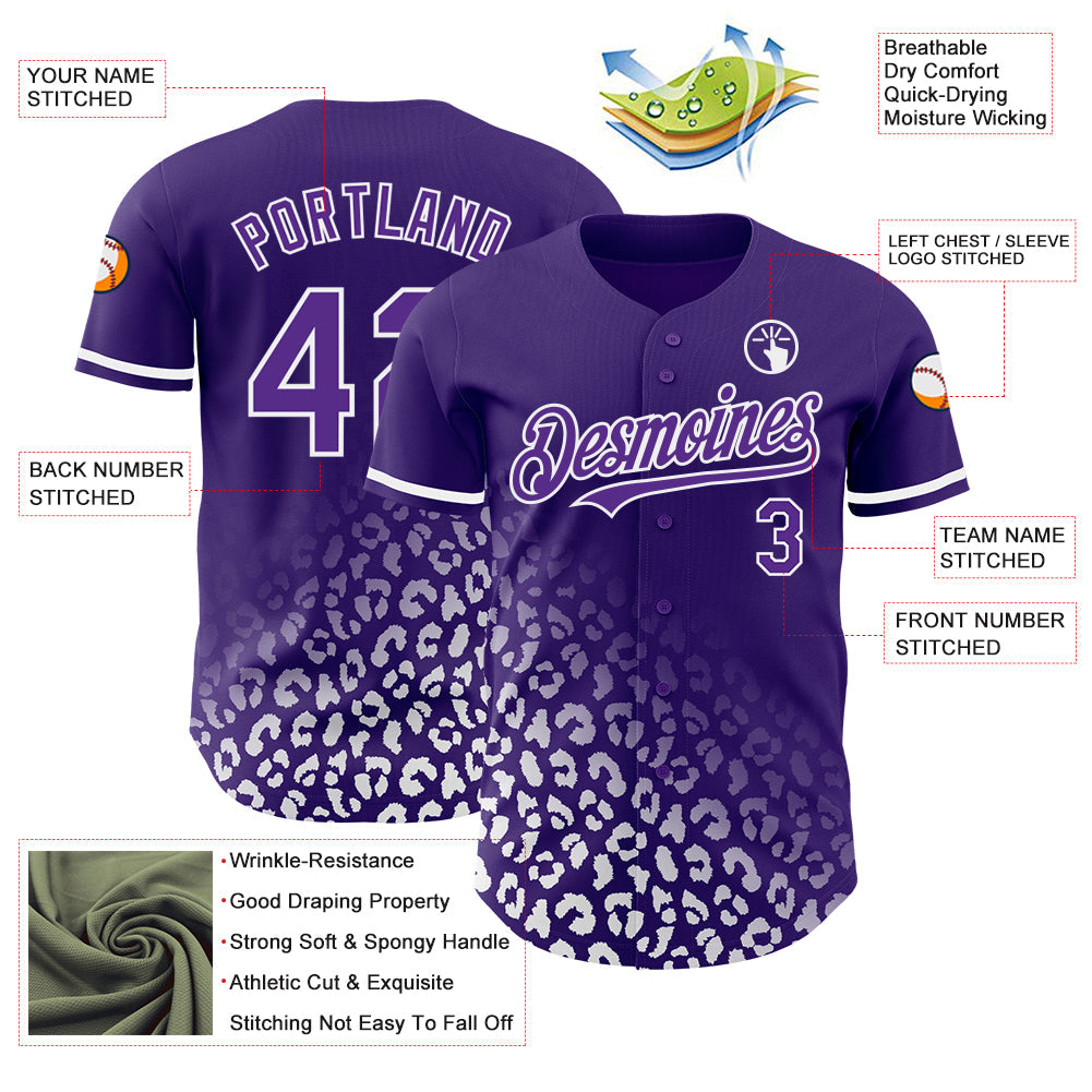 Custom Purple White 3D Pattern Design Leopard Print Fade Fashion Authentic Baseball Jersey baseball jersey product view 3