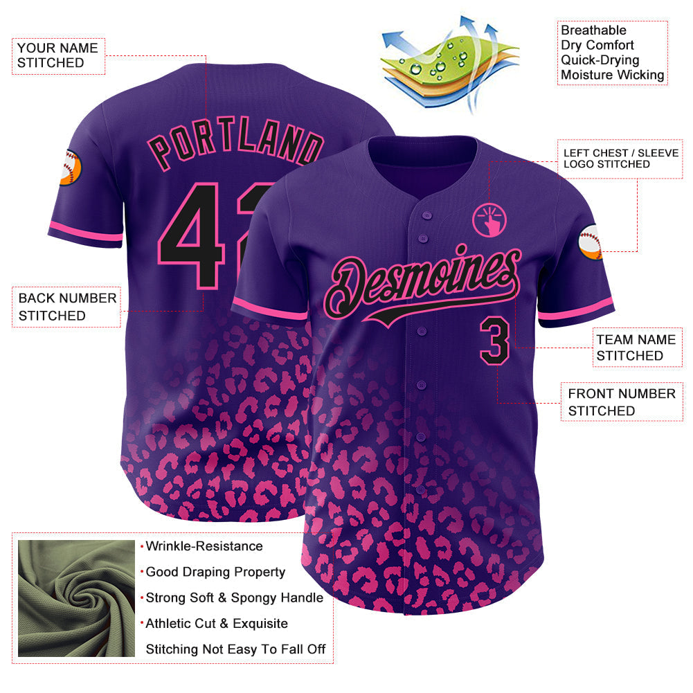 Custom Purple Black-Pink 3D Pattern Design Leopard Print Fade Fashion Authentic Baseball Jersey baseball jersey product view 3