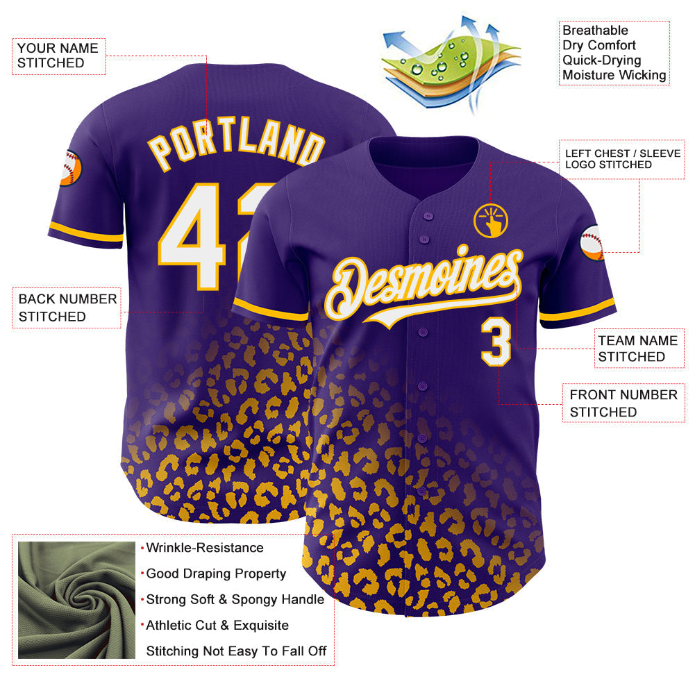 Custom Purple White-Gold 3D Pattern Design Leopard Print Fade Fashion Authentic Baseball Jersey baseball jersey product view 3