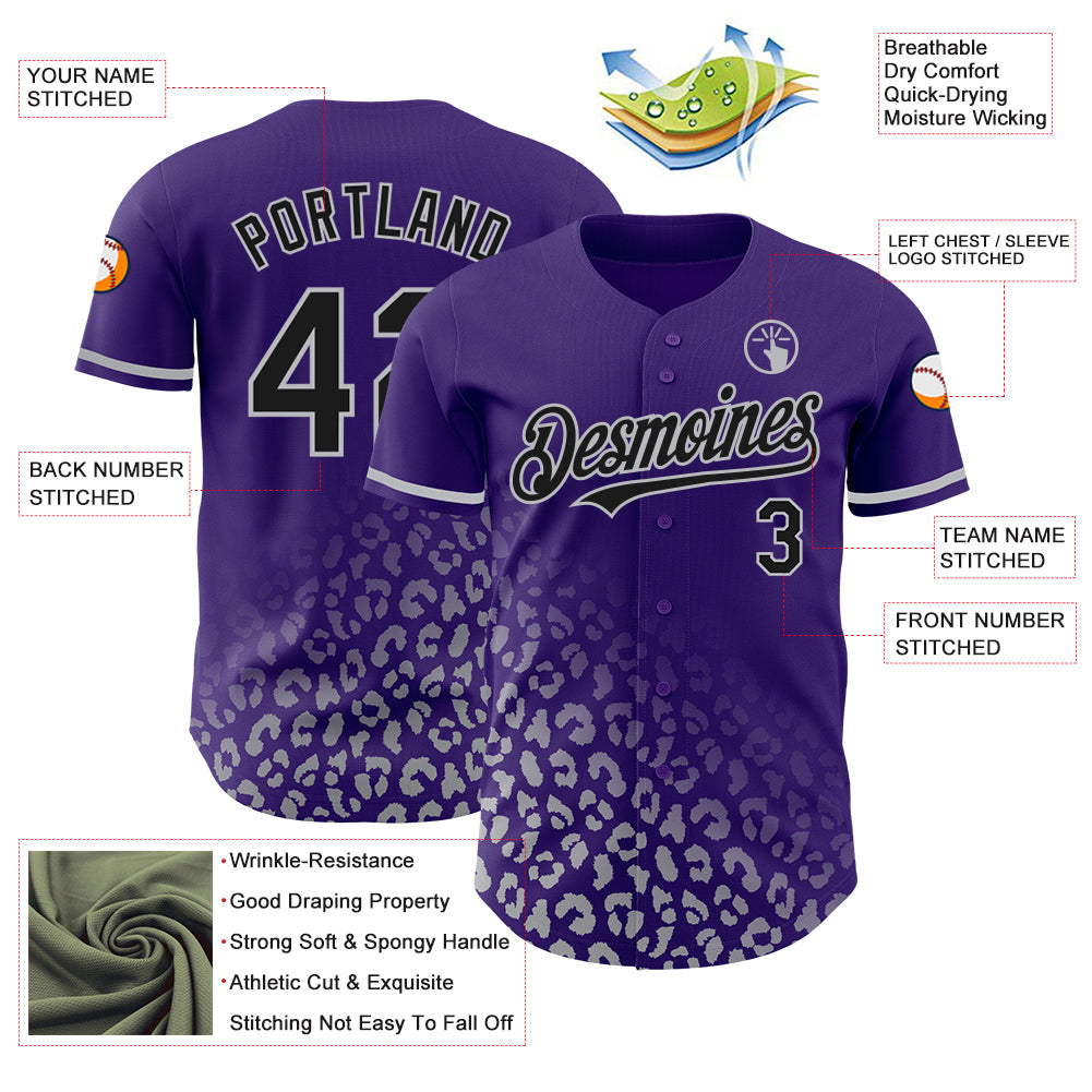 Custom Purple Black-Gray 3D Pattern Design Leopard Print Fade Fashion Authentic Baseball Jersey baseball jersey product view 3