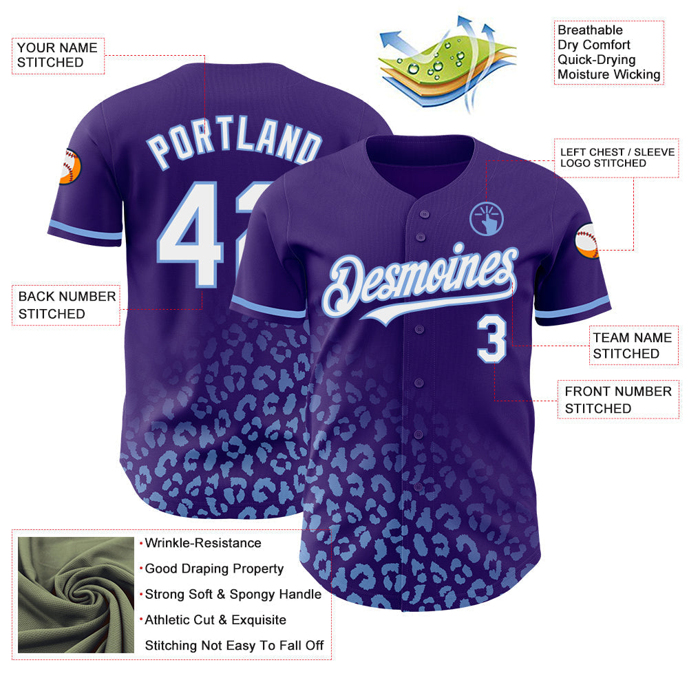Custom Purple White-Light Blue 3D Pattern Design Leopard Print Fade Fashion Authentic Baseball Jersey baseball jersey product view 3