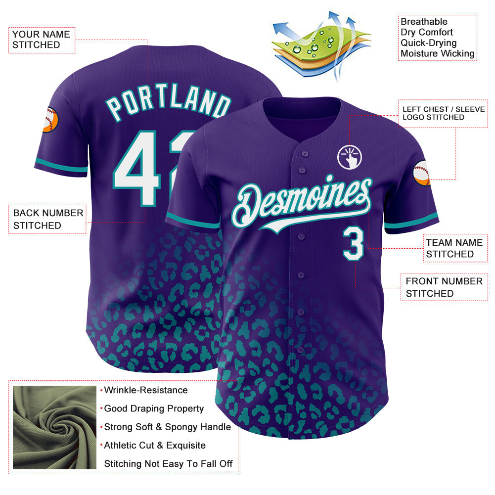 Custom Purple White-Teal 3D Pattern Design Leopard Print Fade Fashion Authentic Baseball Jersey baseball jersey product view 4