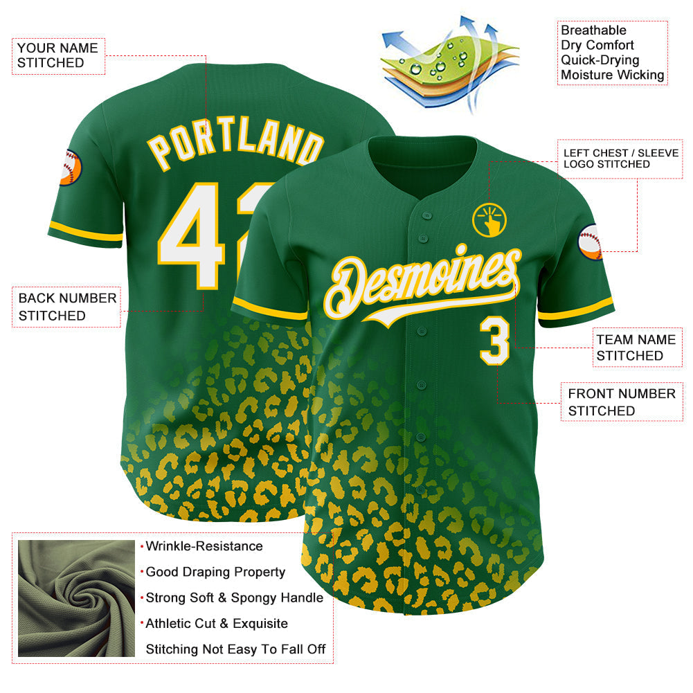 Custom Kelly Green White-Yellow 3D Pattern Design Leopard Print Fade Fashion Authentic Baseball Jersey baseball jersey product view 3