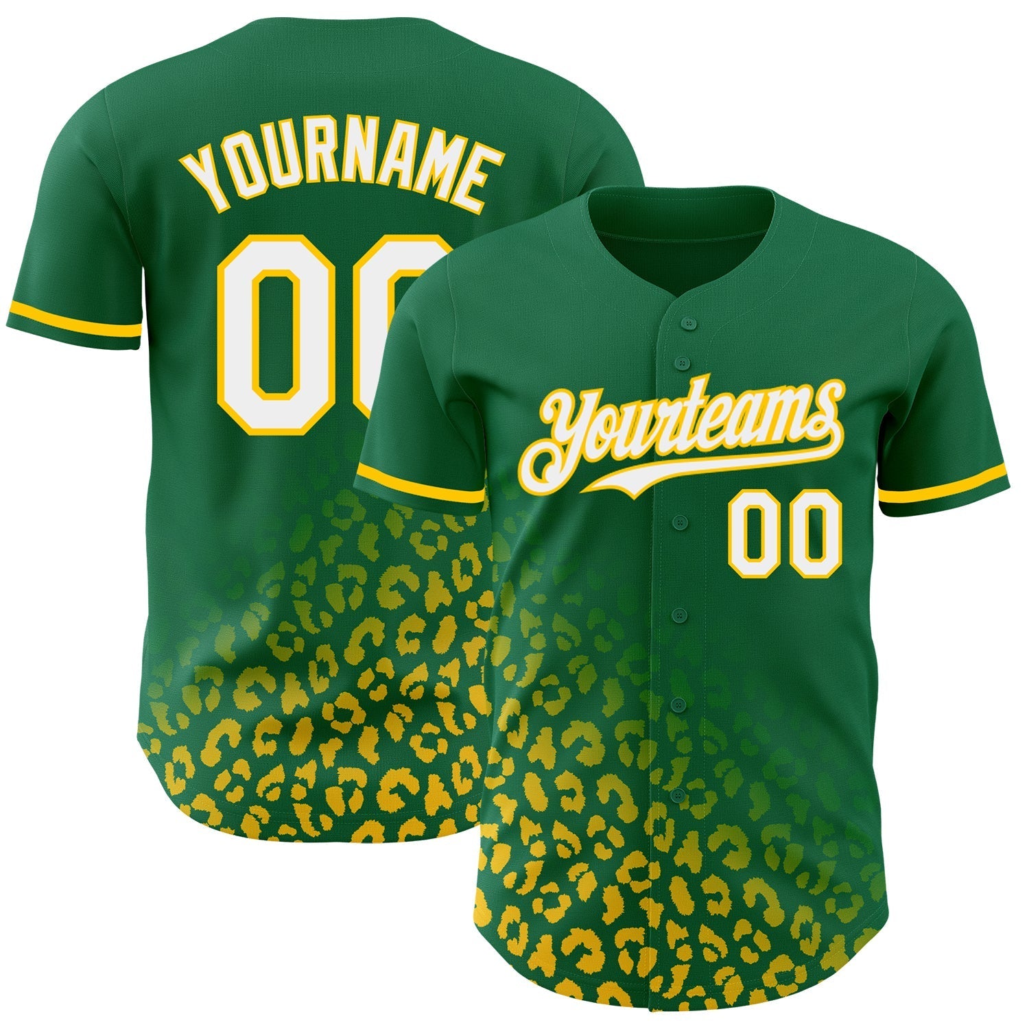 Custom Kelly Green White-Yellow 3D Pattern Design Leopard Print Fade Fashion Authentic Baseball Jersey baseball jersey product view 1