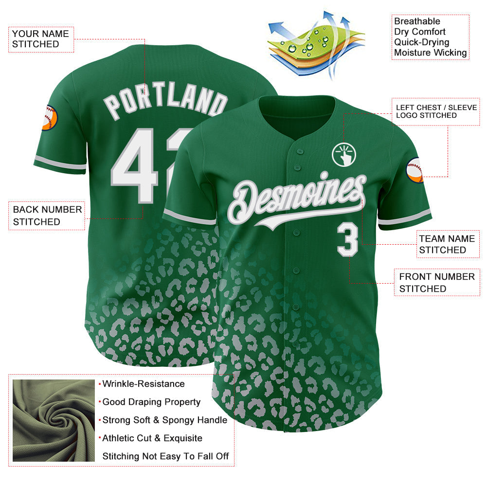 Custom Kelly Green White-Gray 3D Pattern Design Leopard Print Fade Fashion Authentic Baseball Jersey baseball jersey product view 3