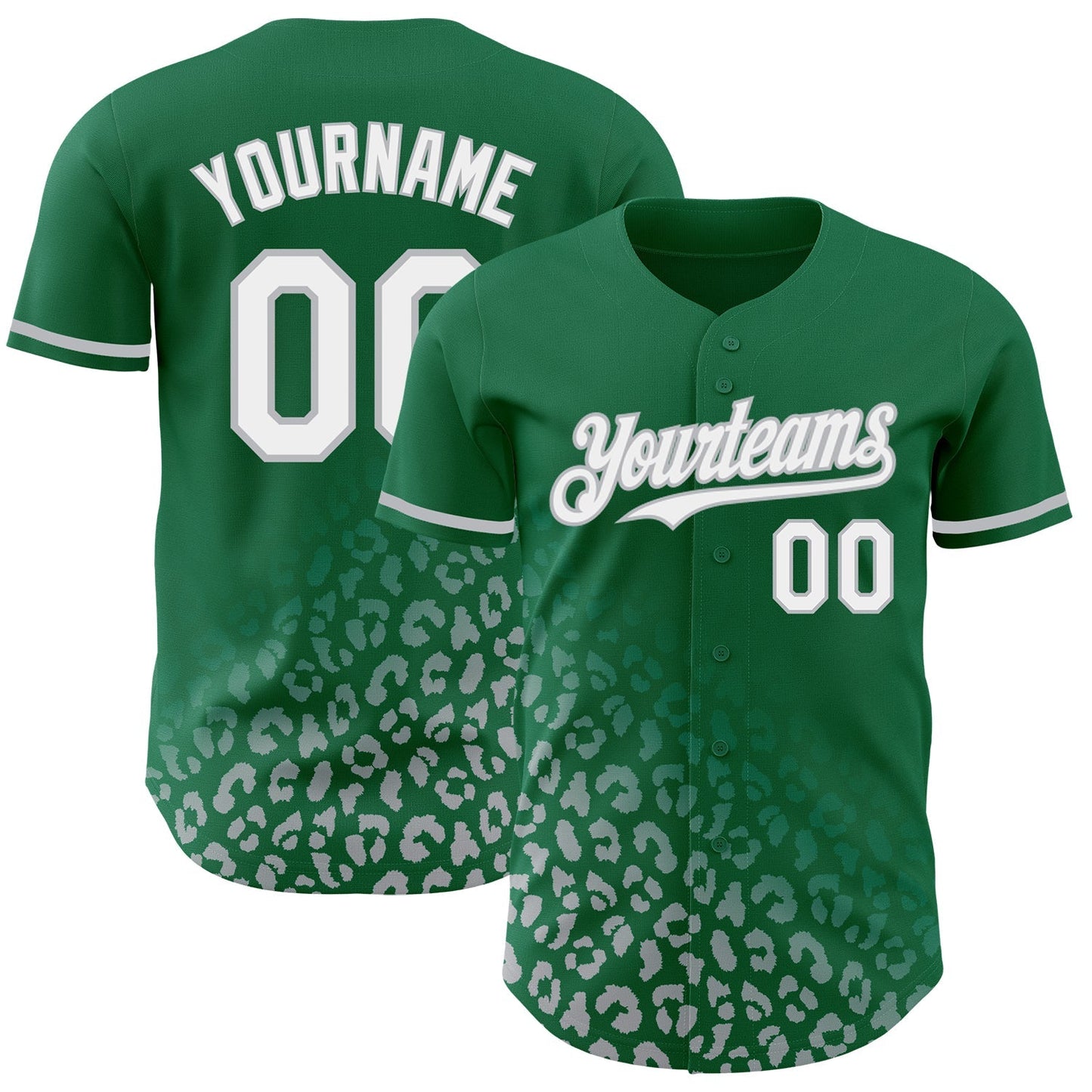 Custom Kelly Green White-Gray 3D Pattern Design Leopard Print Fade Fashion Authentic Baseball Jersey baseball jersey product view 1