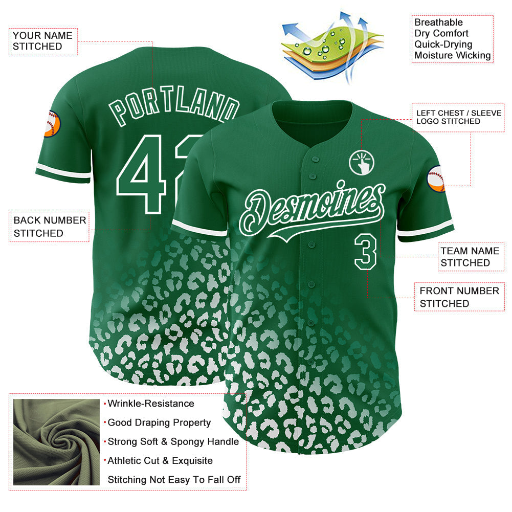 Custom Kelly Green White 3D Pattern Design Leopard Print Fade Fashion Authentic Baseball Jersey baseball jersey product view 3