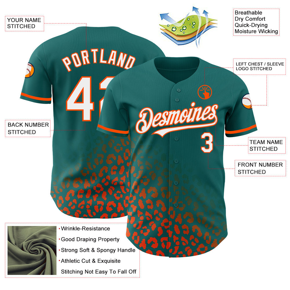 Custom Teal White-Orange 3D Pattern Design Leopard Print Fade Fashion Authentic Baseball Jersey baseball jersey product view 3