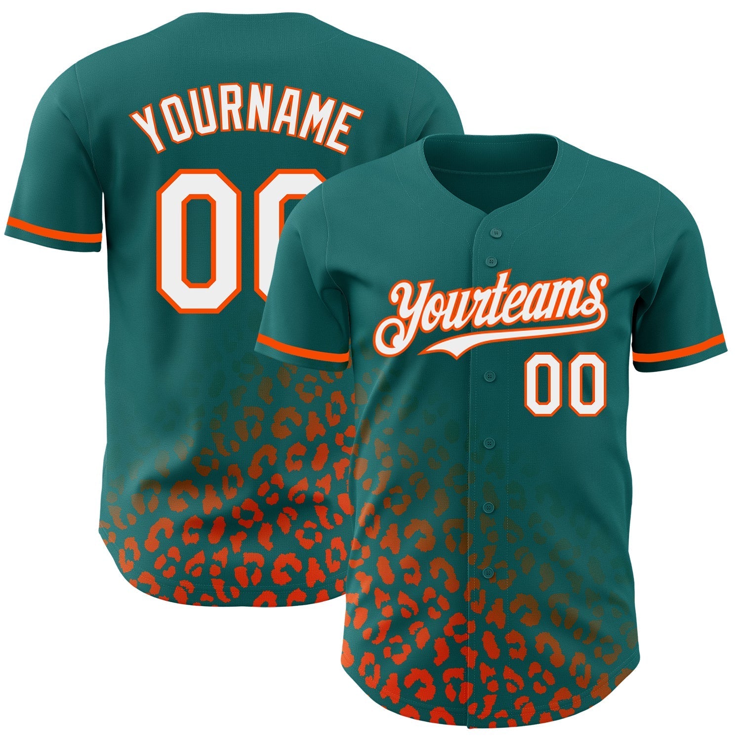 Custom Teal White-Orange 3D Pattern Design Leopard Print Fade Fashion Authentic Baseball Jersey baseball jersey product view 1