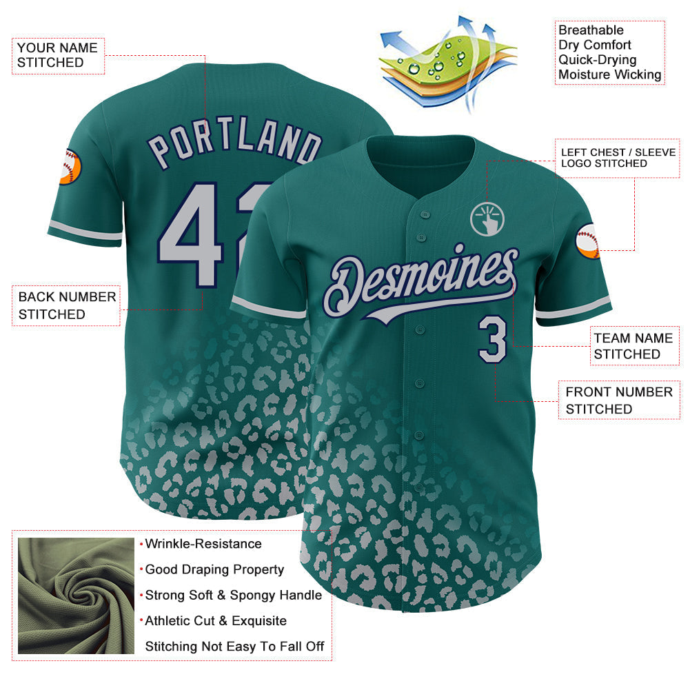 Custom Teal Gray-Navy 3D Pattern Design Leopard Print Fade Fashion Authentic Baseball Jersey baseball jersey product view 3