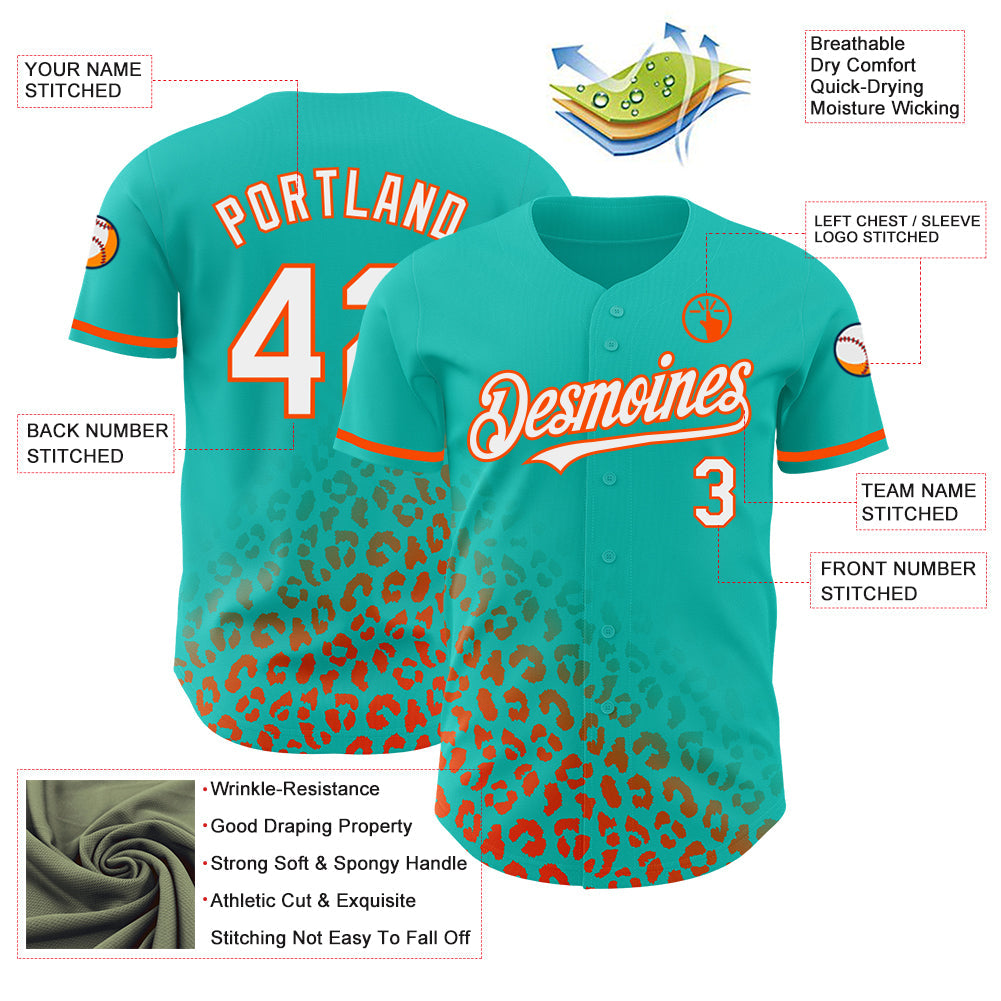 Custom Aqua White-Orange 3D Pattern Design Leopard Print Fade Fashion Authentic Baseball Jersey baseball jersey product view 3