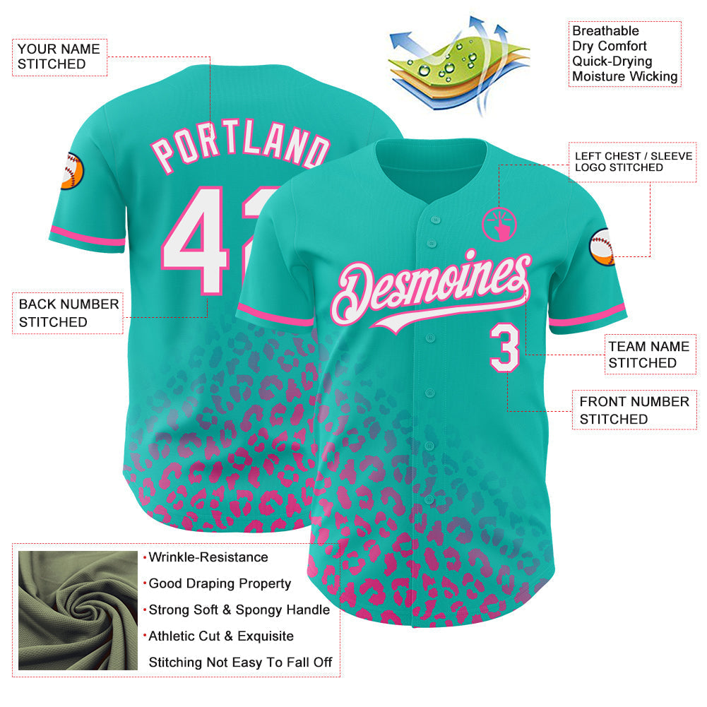 Custom Teal White-Pink 3D Pattern Design Leopard Print Fade Fashion Authentic Baseball Jersey baseball jersey product view 3