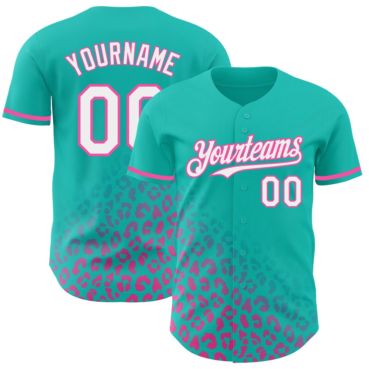 Custom Teal White-Pink 3D Pattern Design Leopard Print Fade Fashion Authentic Baseball Jersey baseball jersey product view 1