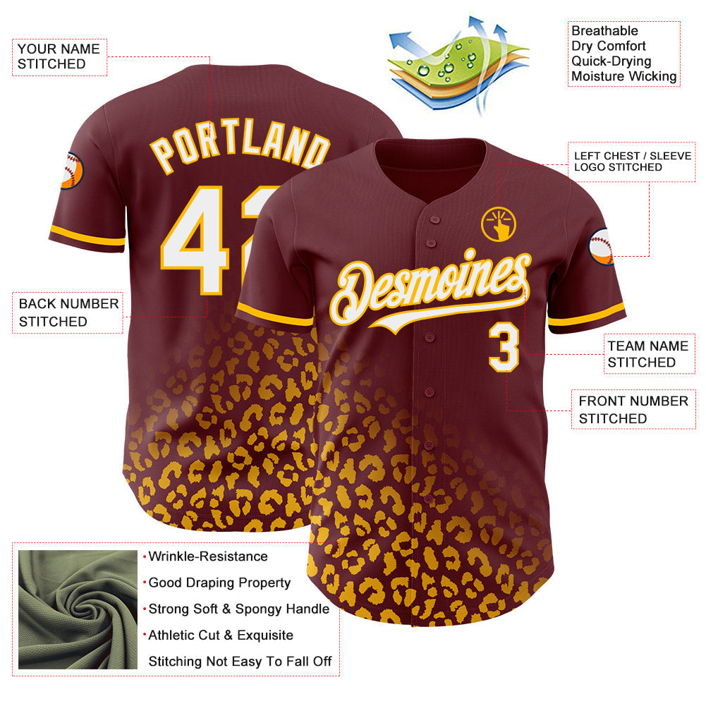 Custom Burgundy White-Gold 3D Pattern Design Leopard Print Fade Fashion Authentic Baseball Jersey baseball jersey product view 3