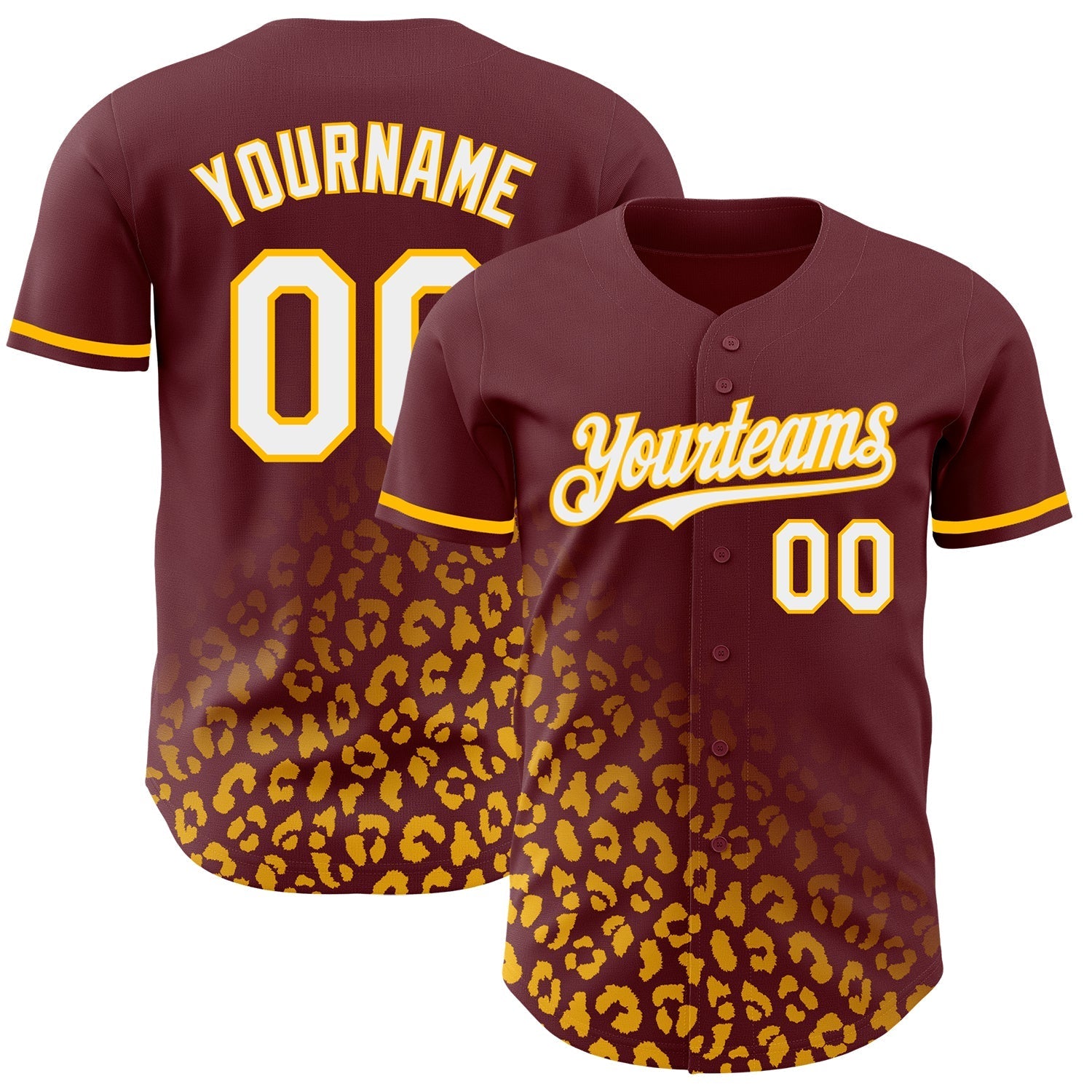 Custom Burgundy White-Gold 3D Pattern Design Leopard Print Fade Fashion Authentic Baseball Jersey baseball jersey product view 1