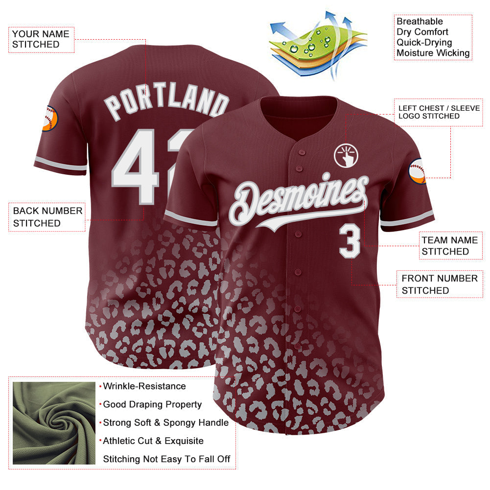 Custom Burgundy White-Gray 3D Pattern Design Leopard Print Fade Fashion Authentic Baseball Jersey baseball jersey product view 3