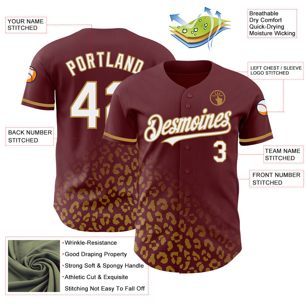 Custom Burgundy White-Old Gold 3D Pattern Design Leopard Print Fade Fashion Authentic Baseball Jersey baseball jersey product view 3