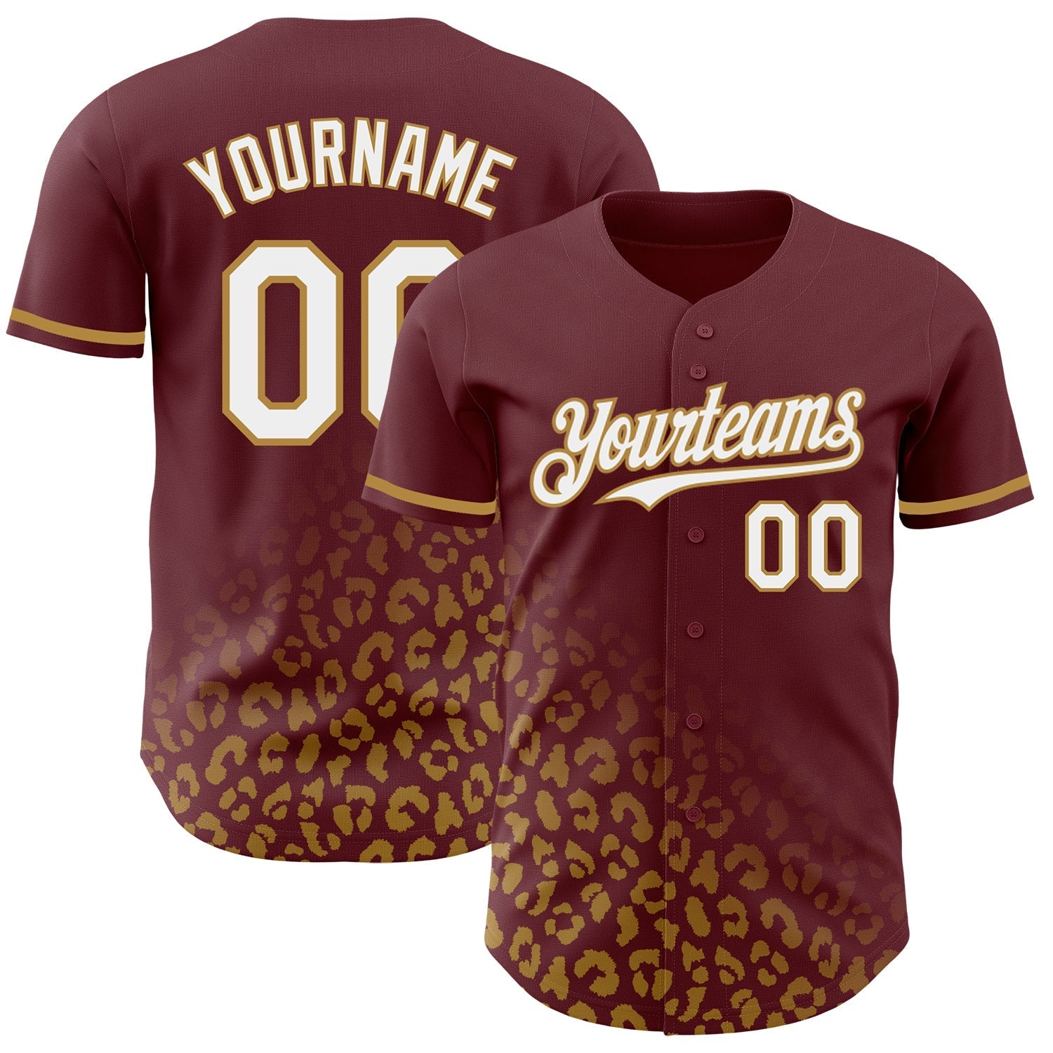 Custom Burgundy White-Old Gold 3D Pattern Design Leopard Print Fade Fashion Authentic Baseball Jersey baseball jersey product view 1