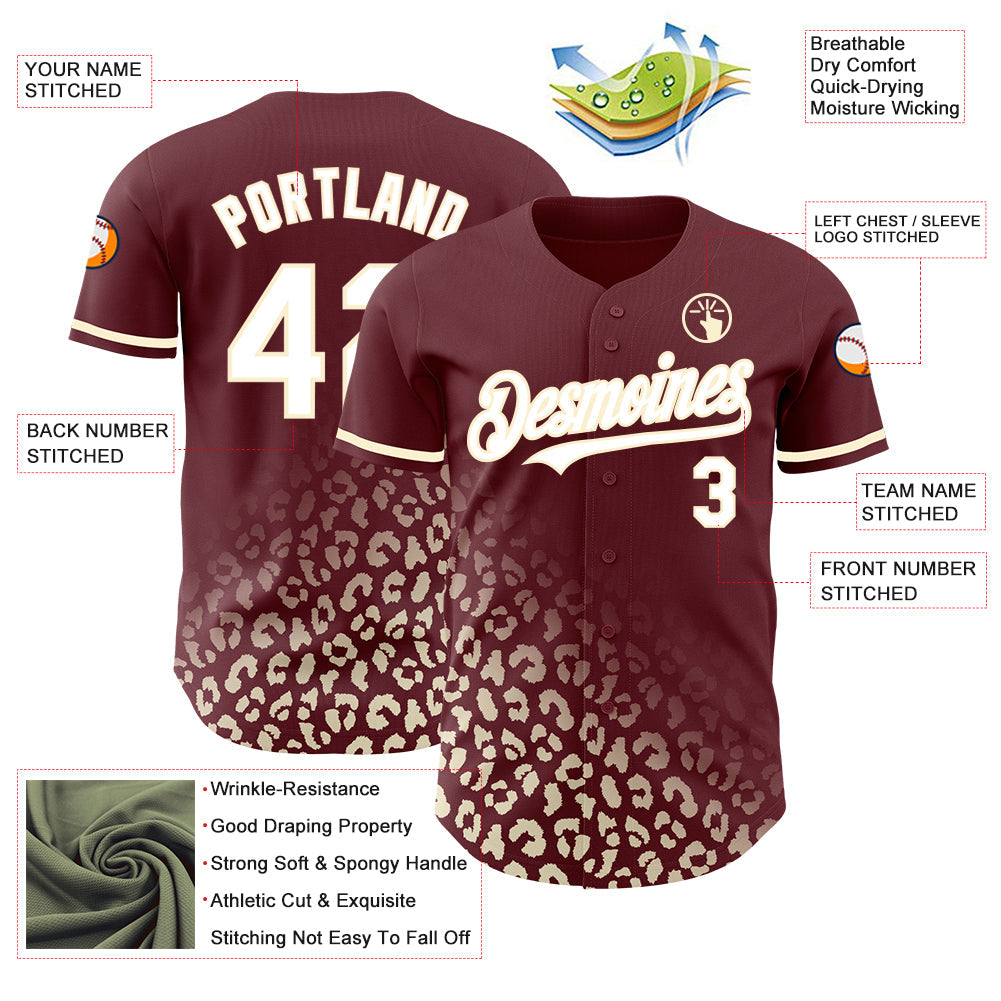 Custom Burgundy White-Cream 3D Pattern Design Leopard Print Fade Fashion Authentic Baseball Jersey baseball jersey product view 3