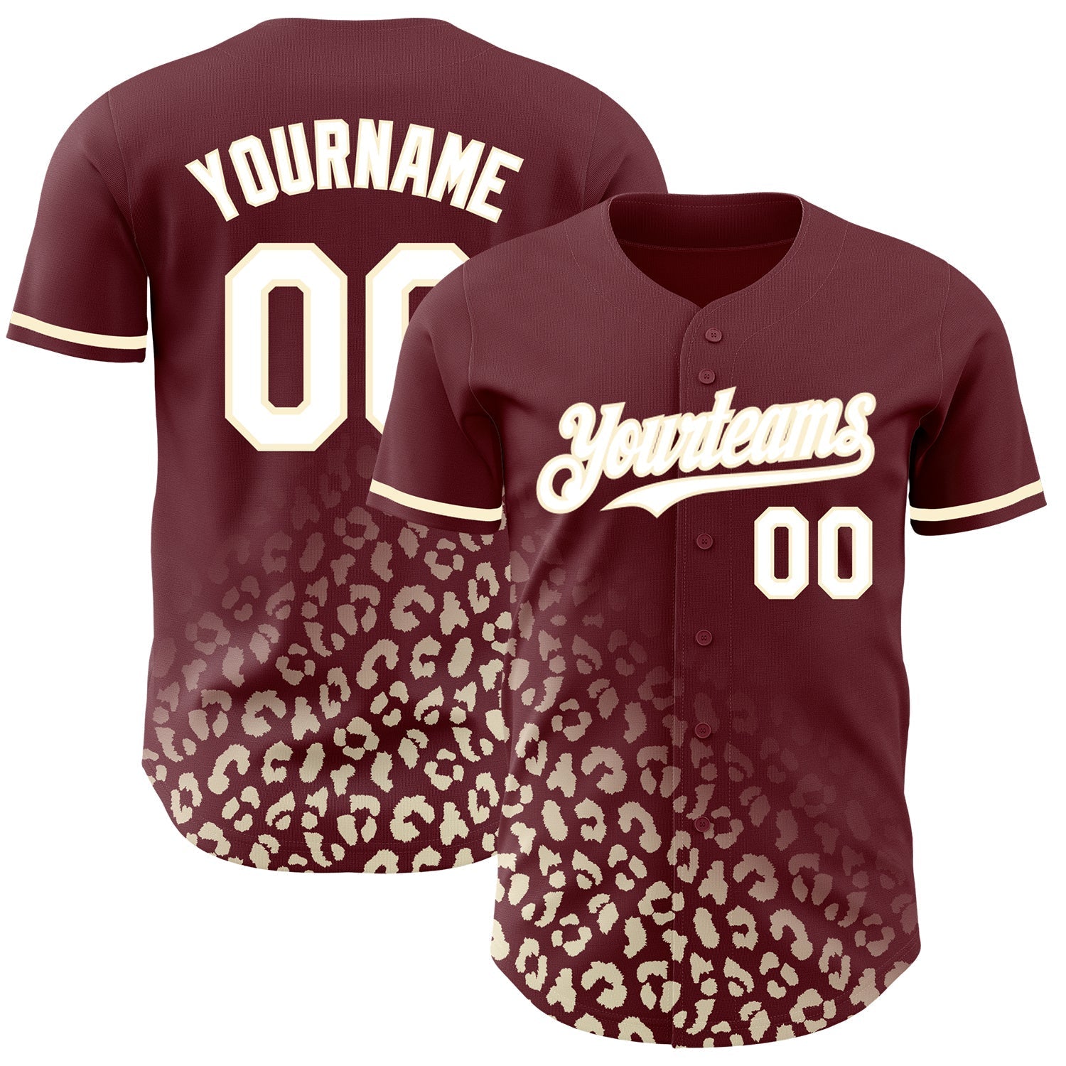 Custom Burgundy White-Cream 3D Pattern Design Leopard Print Fade Fashion Authentic Baseball Jersey baseball jersey product view 1