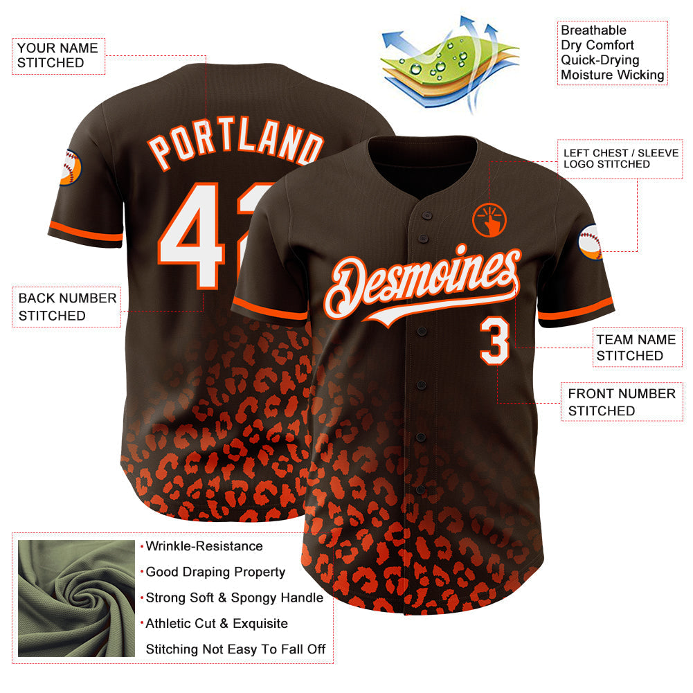 Custom Brown White-Orange 3D Pattern Design Leopard Print Fade Fashion Authentic Baseball Jersey baseball jersey product view 3