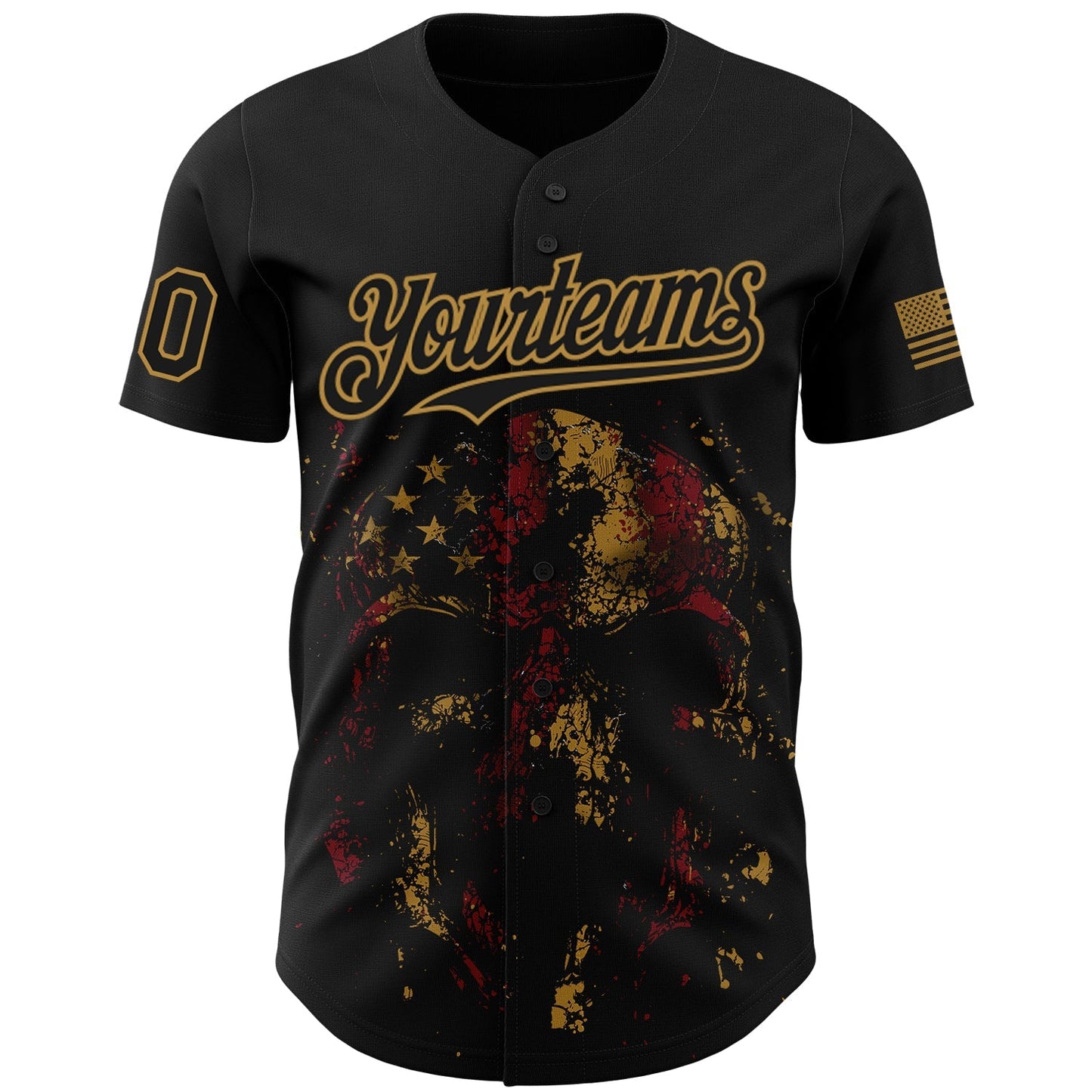 Custom Black Old Gold 3D American Flag Skull Patriotic Authentic Baseball Jersey baseball jersey product view 2