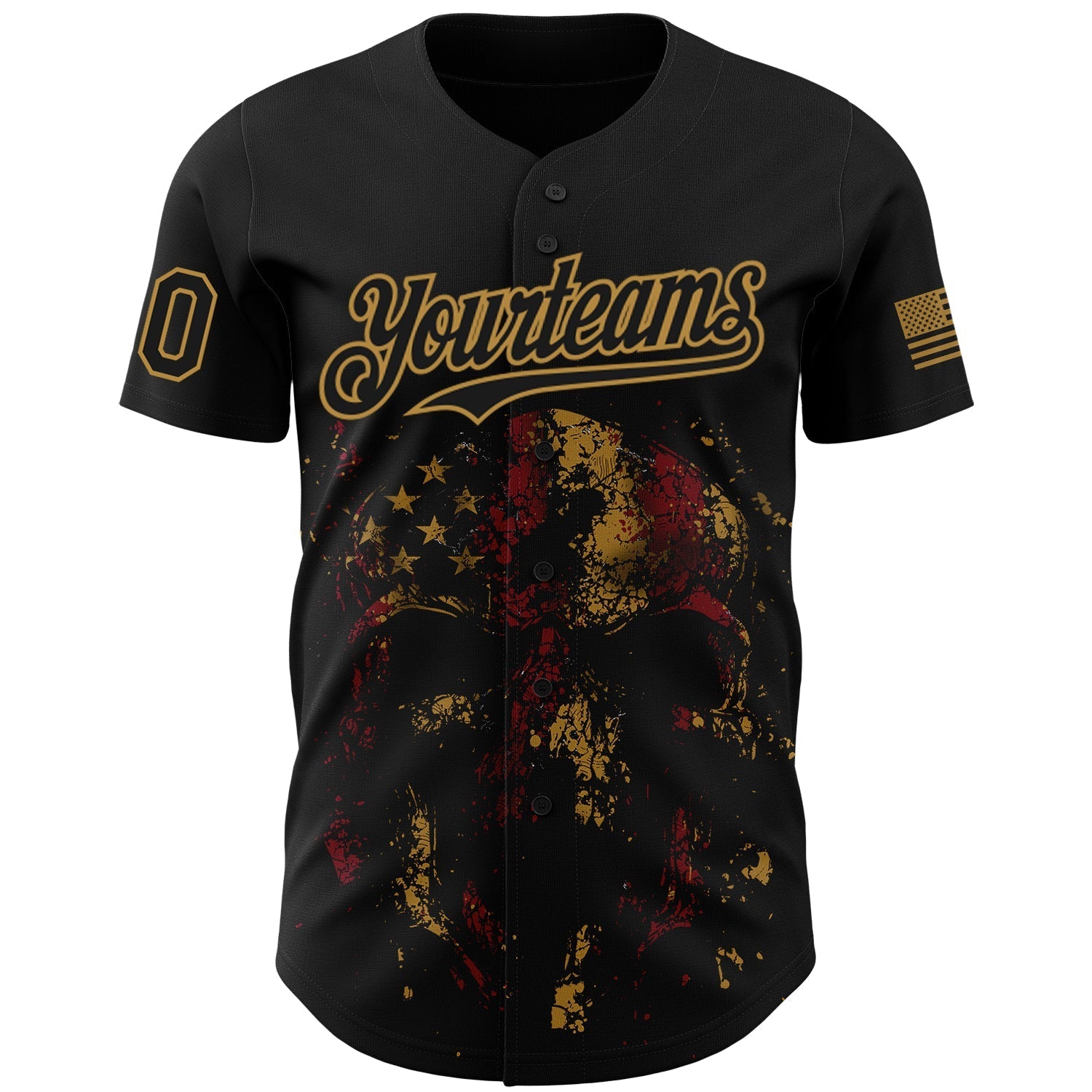 Custom Black Old Gold 3D American Flag Skull Patriotic Authentic Baseball Jersey baseball jersey product view 2
