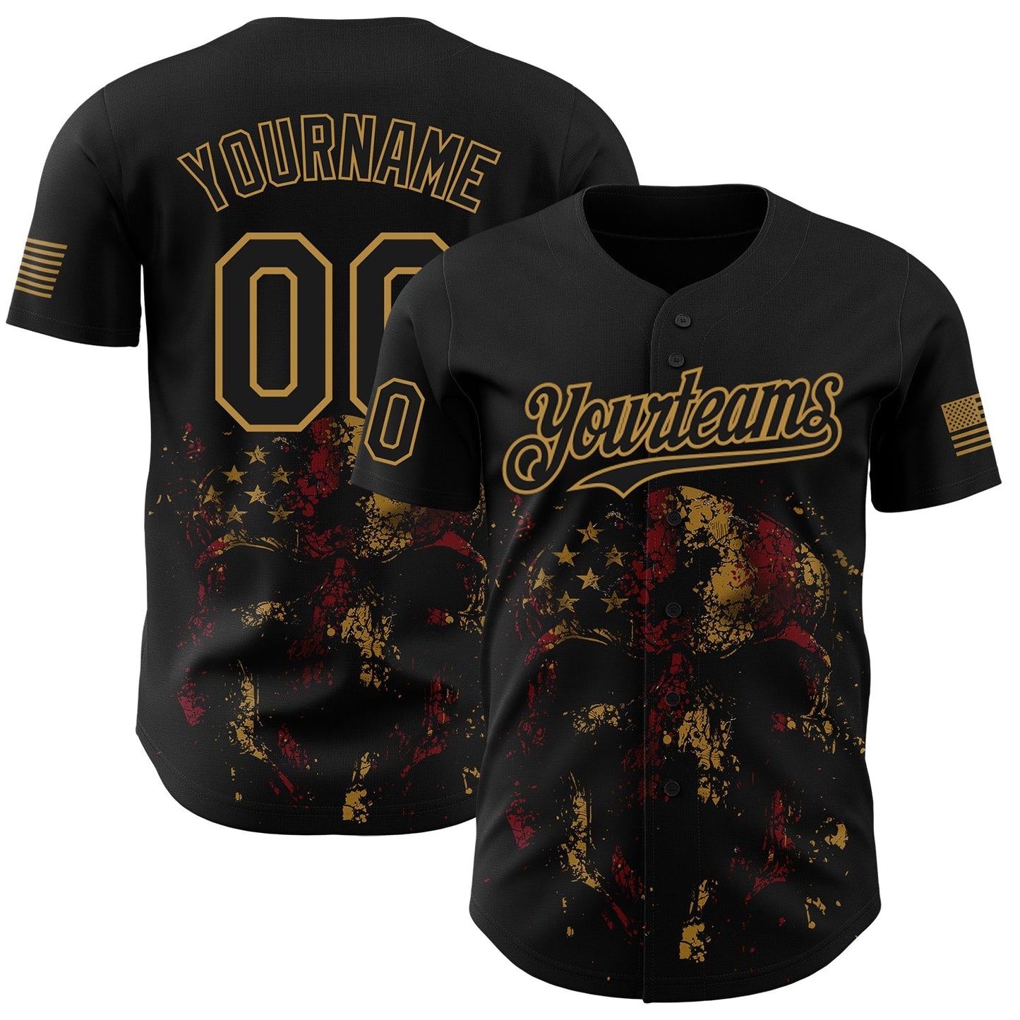 Custom Black Old Gold 3D American Flag Skull Patriotic Authentic Baseball Jersey baseball jersey product view 1