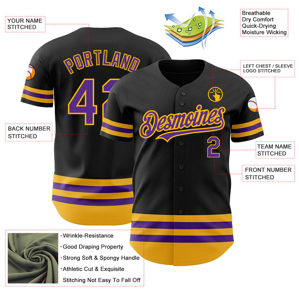 Custom Black Purple-Gold Line Authentic Baseball Jersey baseball jersey product view 3