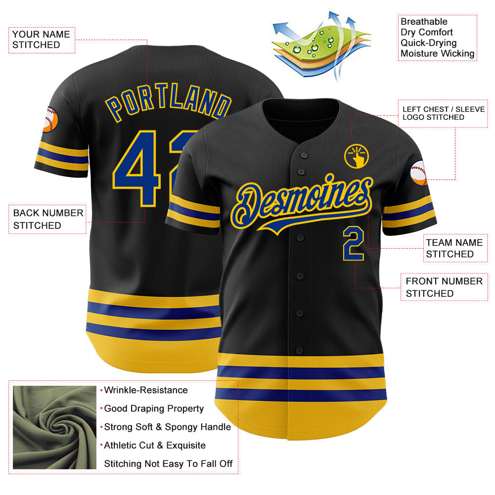 Custom Black Royal-Yellow Line Authentic Baseball Jersey baseball jersey product view 3