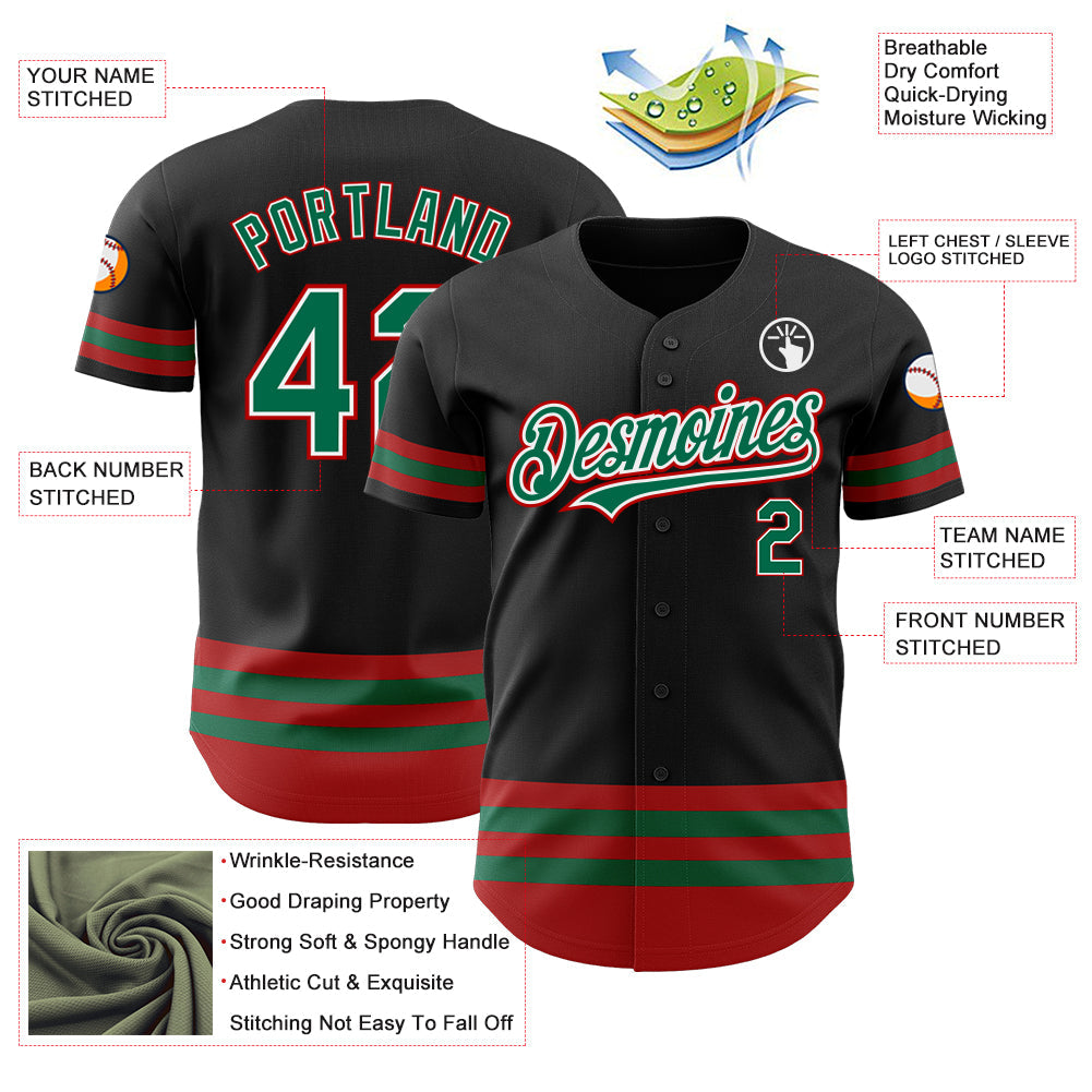 Custom Black Kelly Green-Red Line Authentic Baseball Jersey baseball jersey product view 3