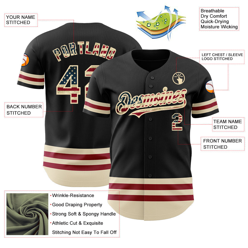 Custom Black Vintage USA Flag-Cream Line Authentic Baseball Jersey baseball jersey product view 3