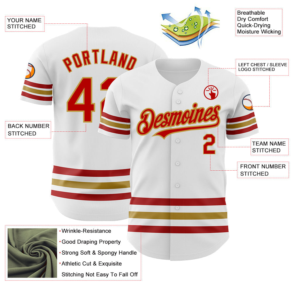 Custom White Red-Old Gold Line Authentic Baseball Jersey baseball jersey product view 3
