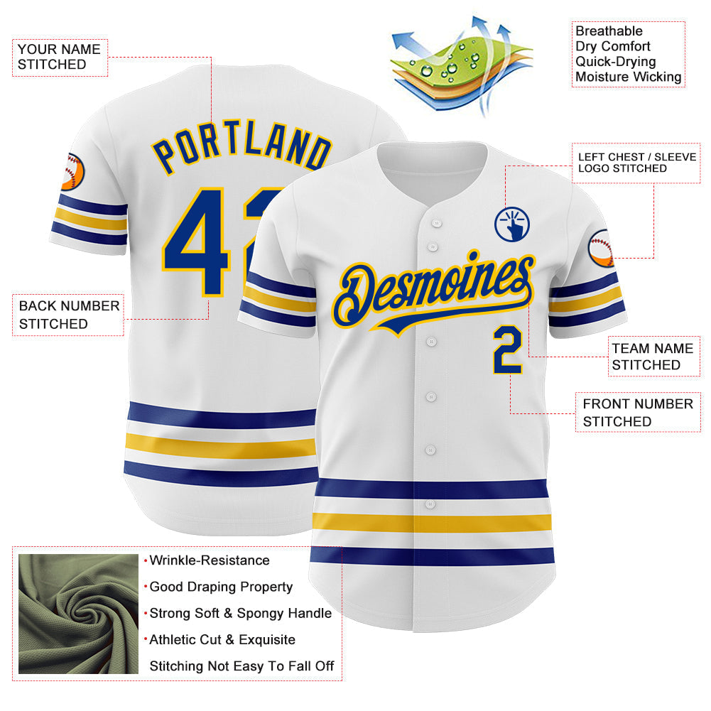 Custom White Royal-Yellow Line Authentic Baseball Jersey baseball jersey product view 3