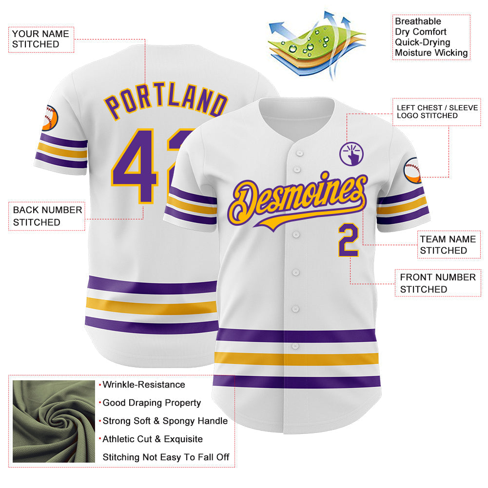 Custom White Purple-Gold Line Authentic Baseball Jersey baseball jersey product view 3