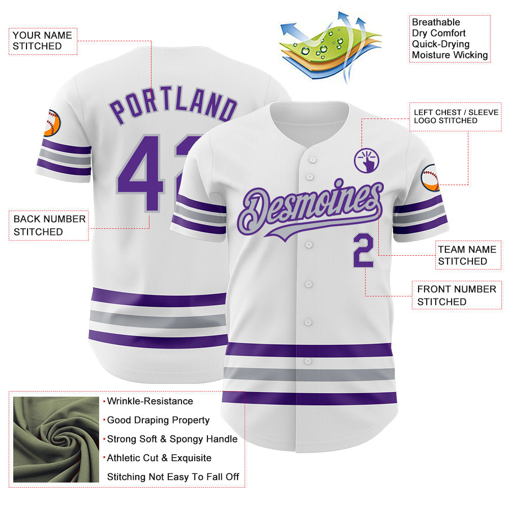 Custom White Purple-Gray Line Authentic Baseball Jersey baseball jersey product view 3