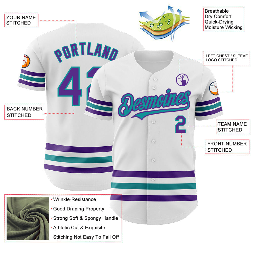 Custom White Purple-Teal Line Authentic Baseball Jersey baseball jersey product view 3