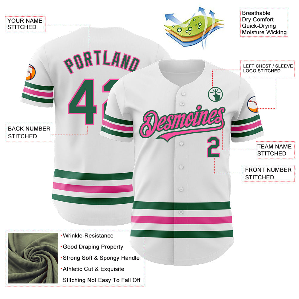 Custom White Kelly Green-Pink Line Authentic Baseball Jersey baseball jersey product view 3