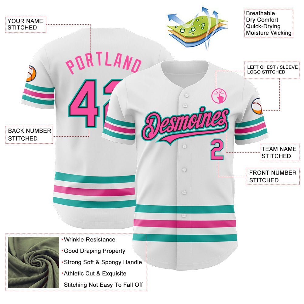 Custom White Pink Black-Aqua Line Authentic Baseball Jersey baseball jersey product view 3