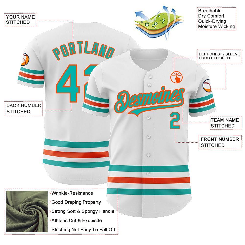 Custom White Aqua-Orange Line Authentic Baseball Jersey baseball jersey product view 3