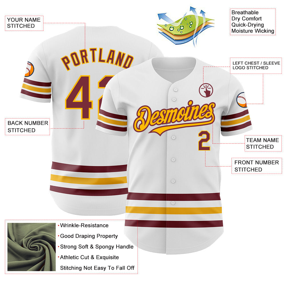 Custom White Burgundy-Gold Line Authentic Baseball Jersey baseball jersey product view 3