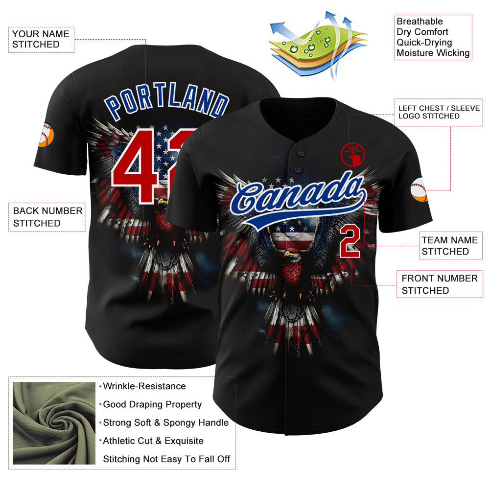 Custom Black Red-Royal 3D American Flag Eagle Patriotic Authentic Baseball Jersey baseball jersey product view 3