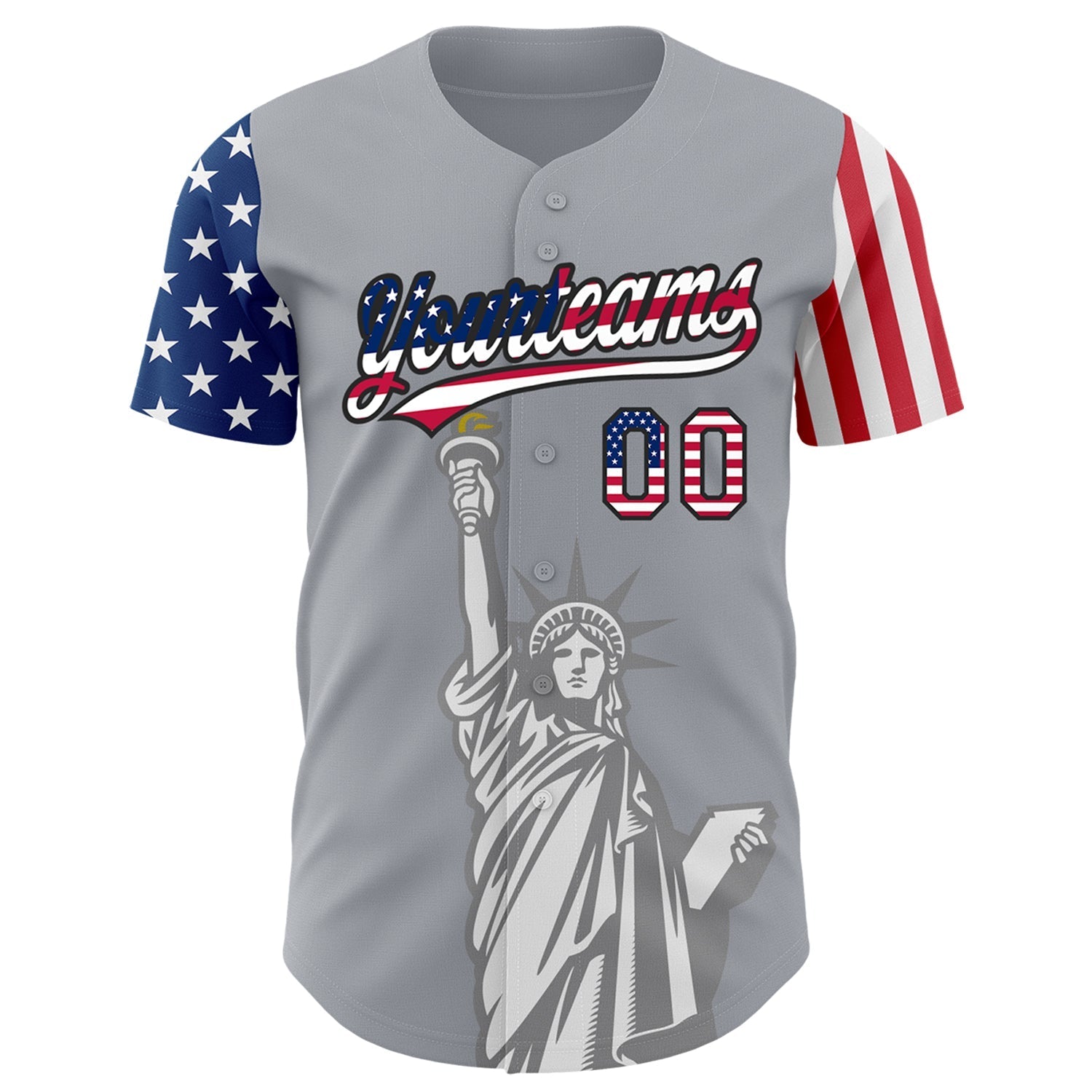 Custom Gray USA Flag-Black 3D American Flag Statue of Liberty Patriotic Authentic Baseball Jersey baseball jersey product view 2